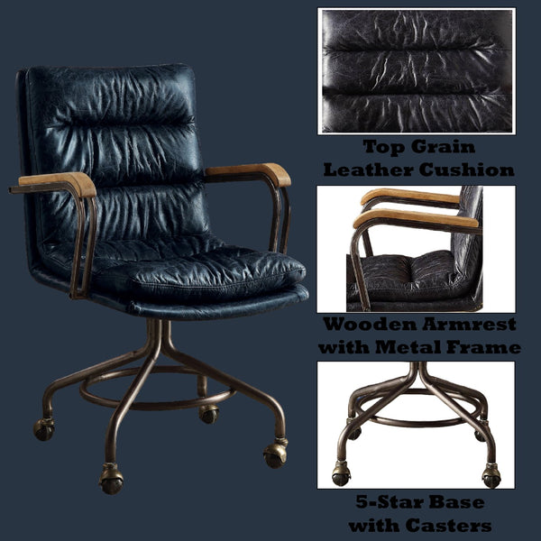English Elm Harith Vintage Blue Top Grain Leather Executive Office Chair with Swivel, Padded Seat & Wooden Arms B2726P269405