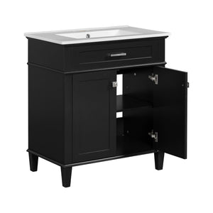 English Elm 30-inch bathroom vanity with ceramic basin, solid wood frame, soft-close doors and adjustable shelves for organized style and lasting durability Black N729P173380B