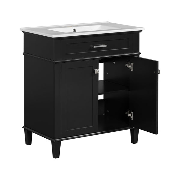 English Elm 30-inch bathroom vanity with ceramic basin, solid wood frame, soft-close doors and adjustable shelves for organized style and lasting durability Black N729P173380B