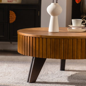 English Elm 31.5" Round Mid-century Coffee Table with Lower Shelf Solid Wood Legs and Mdf Top Natural W757P370290