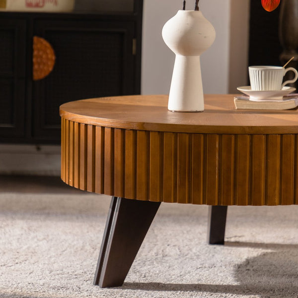 English Elm 31.5" Round Mid-century Coffee Table with Lower Shelf Solid Wood Legs and Mdf Top Natural W757P370290