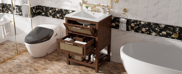 English Elm 24" Rattan Front Bathroom Vanity with Ceramic Sink Deep Drawer Storage Mdf Cabinet Dark Brown N710P293990P