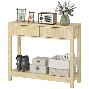 English Elm Narrow Console Table with Fluted Drawers Gold Pulls Open Shelf Entryway Storage T3971P415080