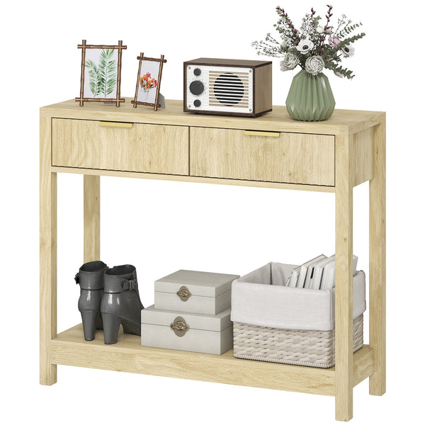 English Elm Narrow Console Table with Fluted Drawers Gold Pulls Open Shelf Entryway Storage T3971P415080