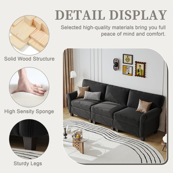 English Elm 94" Corduroy Three Seater Sofa Deep Cushioned Solid Wood Frame Modern Living Room Couch Black W2715S00008