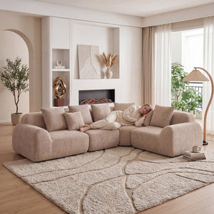 English Elm Oversized Velvet Cloud Sectional with Memory Foam Cushioning and L-shape Chaise Lounge Beige W3728S00013
