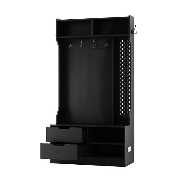 English Elm Hall Tree with Bench Six Hooks Open Shelves Matte Black Mdf Entryway Organizer W1321P444289