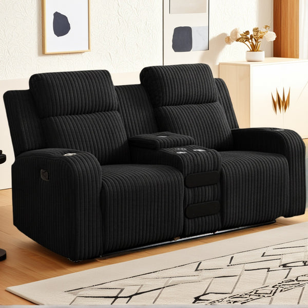 English Elm Recliner Loveseat with Bluetooth Speaker Wireless Charging Corduroy Living Room Sofa Black W3900P384971