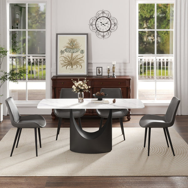 English Elm 63" Modern Sintered Stone Dining Table With Curved White Panel & Black Iron Legs - Seats 6-8 People! W1535S00558