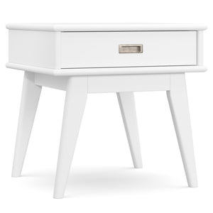 English Elm Draper Mid Century End Table White Solid Rubberwood 22"H | Drawer with Antique Brass Pull, Tapered Legs B136P203447