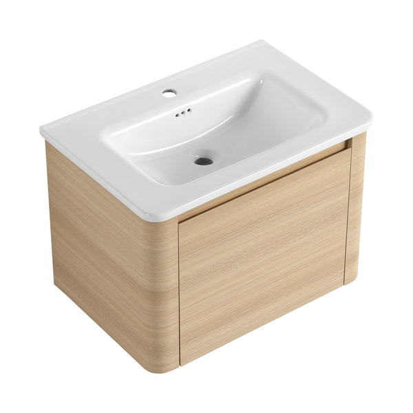 English Elm 28'' Wall-Mounted Bathroom Vanity with Ceramic Sink, Soft-Close Door, Plywood Durability & Space-Saving Design Ameican White Oak W999P317926
