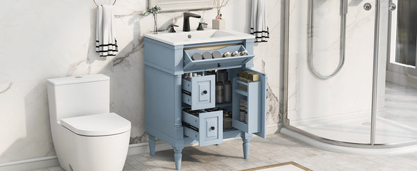 English Elm 24 Inch Freestanding Vanity with Ceramic Sink Rubberwood Frame Matte Finish Storage Blue+Grey N725P356058E
