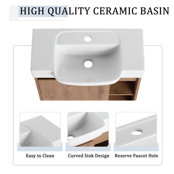 English Elm 24'' Floating Wall Mounted Bathroom Vanity with Ceramic Sink and Soft Close Cabinet Imitative Oak W999P426630