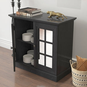 English Elm Storage Sideboard with Mirrored Acrylic Doors and Wood Grain Mdf Finish for Compact Rooms Black W2899P372748