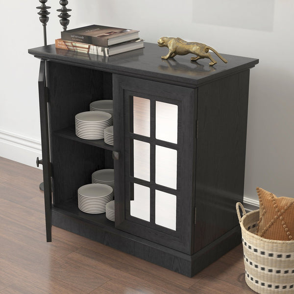 English Elm Storage Sideboard with Mirrored Acrylic Doors and Wood Grain Mdf Finish for Compact Rooms Black W2899P372748