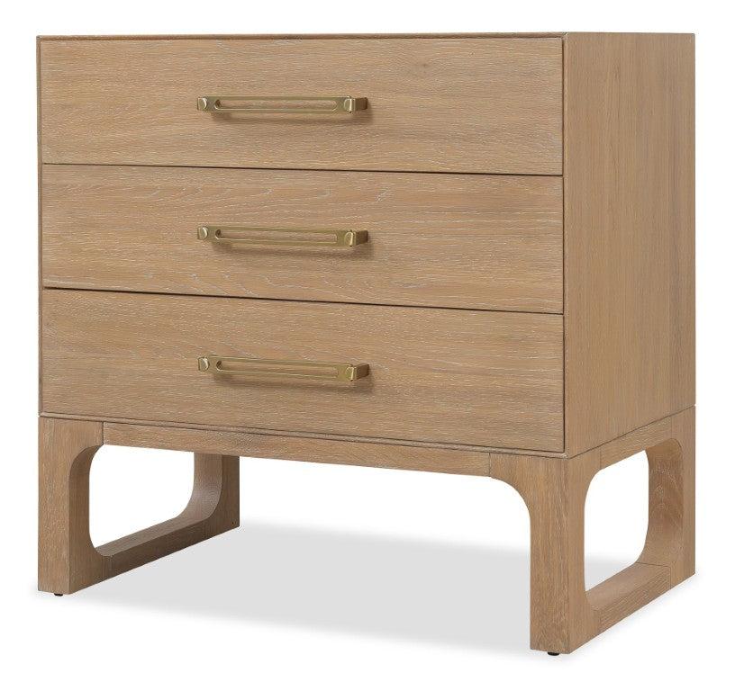 Hooker Furniture Banyon Desert Oak Three-Drawer Nightstand With Built-In Charging, White Oak Texture & Brushed Brass Pulls 6081-90016-82