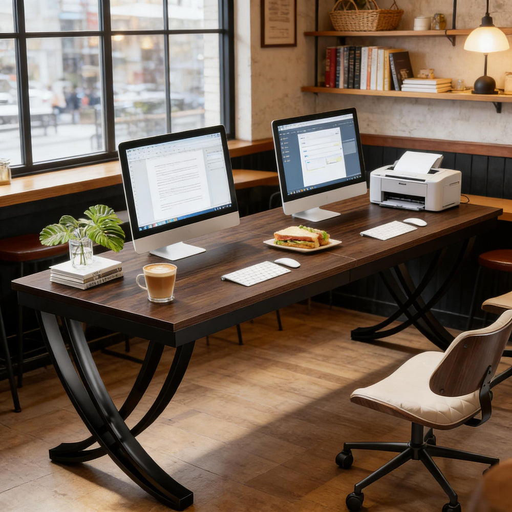 English Elm Computer Desk Two Person Wood Grain Workstation with Drawers for Shared Home Office T3971P453663