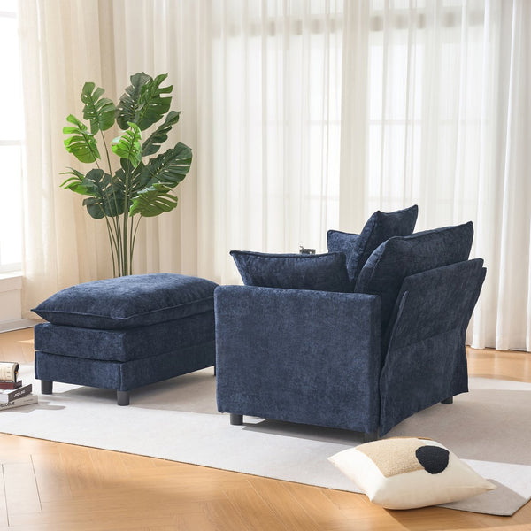 English Elm 39.4" Chenille Club Chair with Ottoman Solid Wood Frame Contemporary Living Room Seat Blue W3244P427715