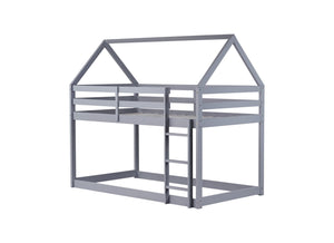 English Elm Twin Rubber Wood Floor Bunk Bed House-Shaped Design with Ladder Guardrails Sturdy Low-Profile Retreat Grey W504P206863