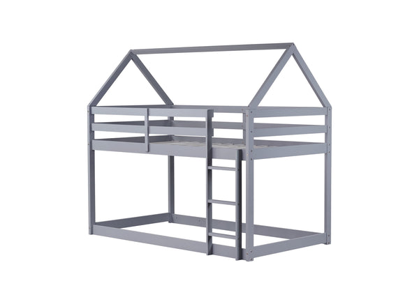 English Elm Twin Rubber Wood Floor Bunk Bed House-Shaped Design with Ladder Guardrails Sturdy Low-Profile Retreat Grey W504P206863