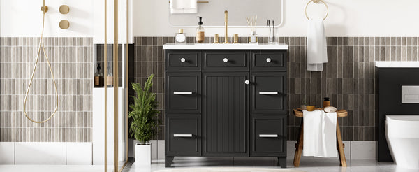 English Elm 36" Matte Black Shaker Vanity with Resin Sink Solid Wood 3 Drawer Soft Close SV000003AAB