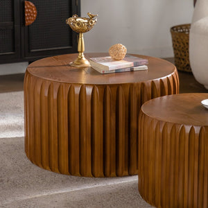 English Elm Set of 2 Fluted Nesting Round Tables Solid Wood Mdf Mid-century Living Room W3158P407134