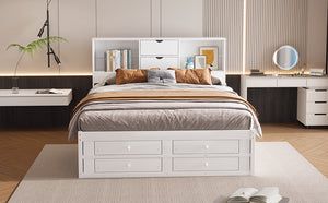 English Elm King Platform Bed with 8 Drawers Open Headboard Compartments and Pine Wood Frame White GX000454AAK-1