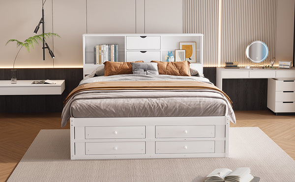 English Elm King Platform Bed with 8 Drawers Open Headboard Compartments and Pine Wood Frame White GX000454AAK-1