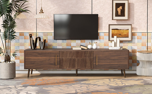 English Elm Mid Century TV Stand Walnut Finish with 2 Drawers, Cable Management, Solid Wood Legs, 80'' Safe Storage and Style N710P222772P