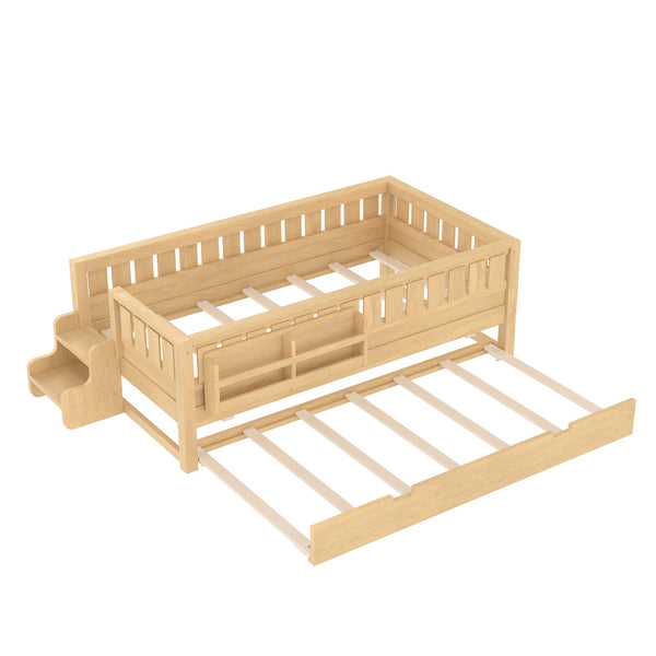English Elm Twin Kids Platform Bed with Trundle Staircase Bookshelf and Rounded Safety Rails Light Natural W1580S00557