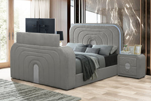 English Elm Shelyn Teddy Sherpa Queen Bed with LED Headboard, Fireplace TV Lift, Bluetooth Speakers & Storage Gray 85.63 L x 12.6 W x 6.18 H B2726S00530