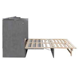 English Elm Queen Murphy Wall Bed with Rattan Panel Cabinet and Storage Drawers for Studio Rooms Gray LP000676AAE