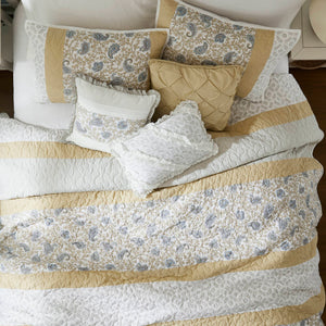 English Elm 6 Madison Park Dawn Cotton Percale Reversible Quilt Set Full/Queen Paisley Pintuck Lace Taping Vintage Chic Comfort Yellow 17.72 L x 22.83 W x 7.09 H B035129026
