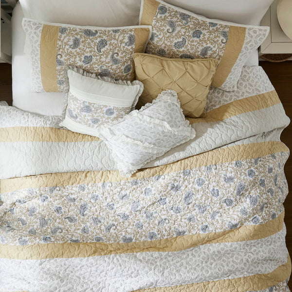 English Elm 6 Madison Park Dawn Cotton Percale Reversible Quilt Set Full/Queen Paisley Pintuck Lace Taping Vintage Chic Comfort Yellow 17.72 L x 22.83 W x 7.09 H B035129026
