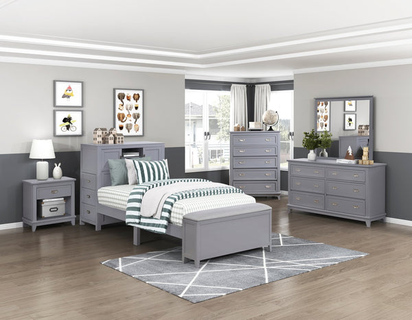 English Elm Gray Twin Platform Bed with Bookcase Headboard Hidden Desk Stool and Footboard Bench Gray B011S02323