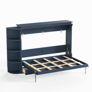 English Elm Queen Murphy Wall Bed with Side Cabinets Open Shelving and Drawers for Studio Rooms Blue W1580S00453