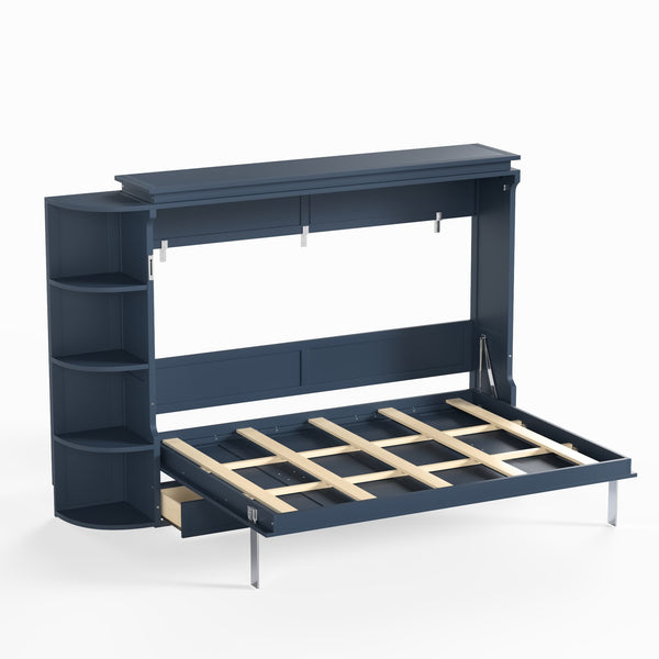 English Elm Queen Murphy Wall Bed with Side Cabinets Open Shelving and Drawers for Studio Rooms Blue W1580S00453