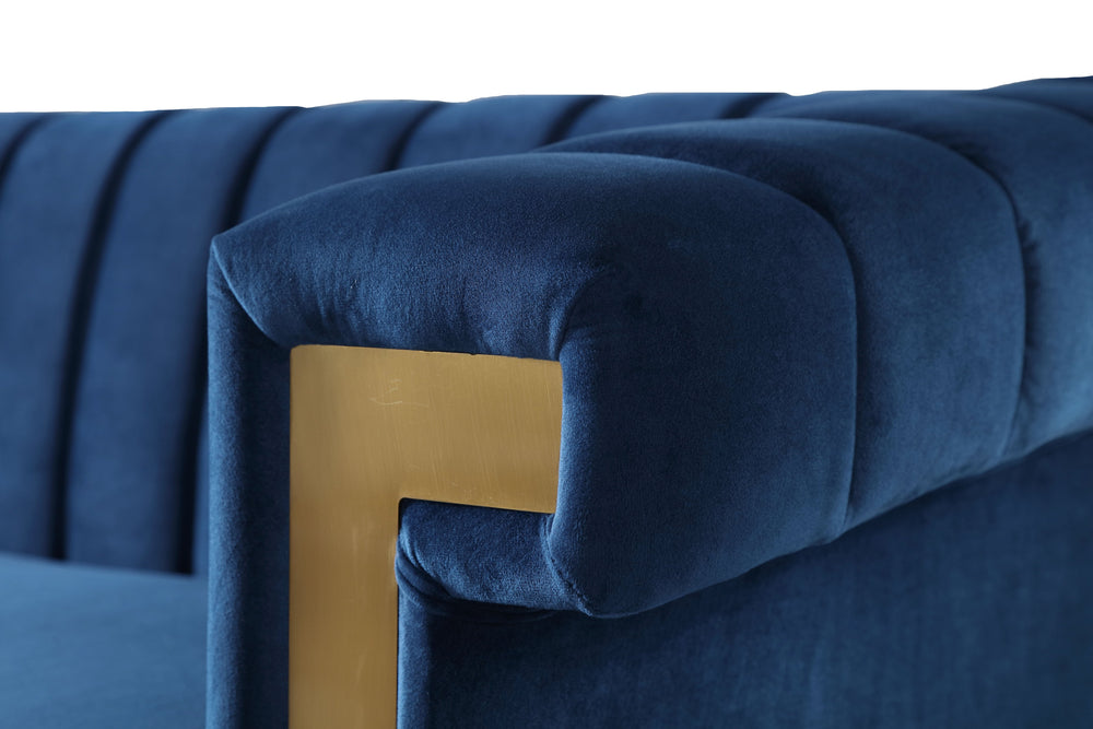 English Elm FX-P81-BK2 Modern Chesterfield Sofa Velvet Upholstery with Gold Metal Legs and Channel Tufting Elegance Blue W576S00088