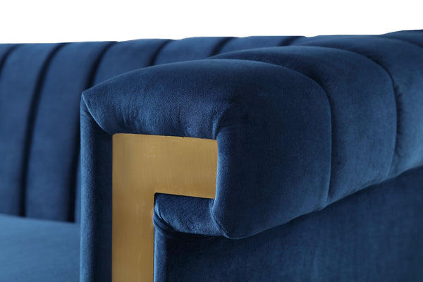 English Elm FX-P81-BK2 Modern Chesterfield Sofa Velvet Upholstery with Gold Metal Legs and Channel Tufting Elegance Blue W576S00088