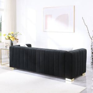 English Elm A Modern Channel Sofa - Luxurious Black Velvet Chesterfield 3-Seater For Stylish Living Spaces W1099S00128
