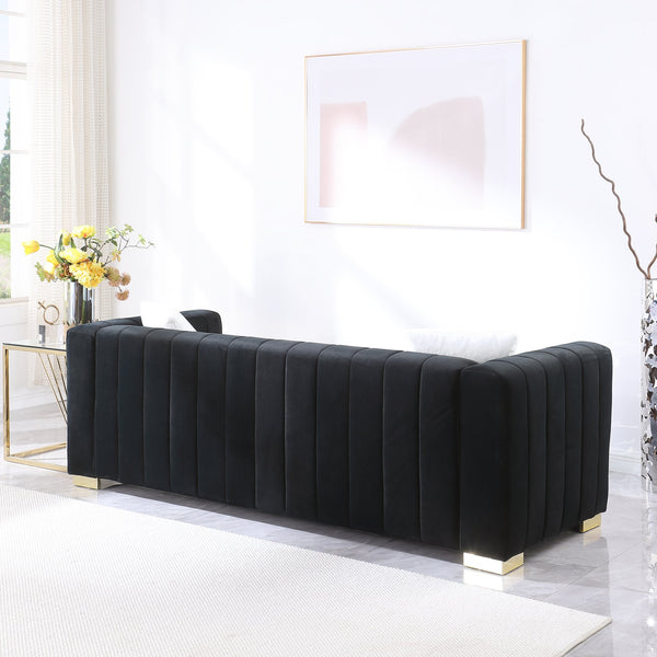 English Elm A Modern Channel Sofa - Luxurious Black Velvet Chesterfield 3-Seater For Stylish Living Spaces W1099S00128