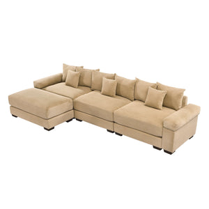English Elm 130" Oversized Modular L-Shaped Sectional Couch In Cozy Camel Corduroy With Ottoman & 9 Pillows W714S01308