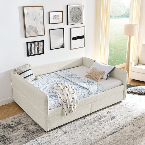 English Elm Daybed With Trundle And Storage Drawers, Upholstered In Beige Boucle, Queen Size For Stylish Comfort W1413S00074