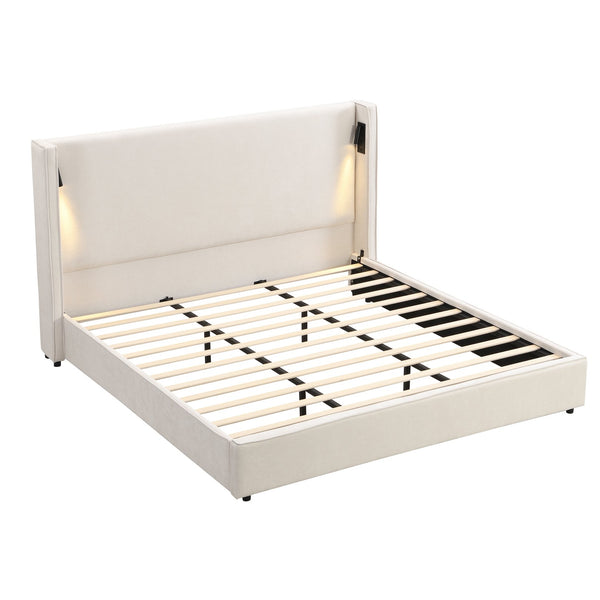 English Elm Christopher Knight Home® - King Size Upholstered Bed Frame With Wingback Headboard, Usb Charging & Adjustable Reading Lamp N757P235229B