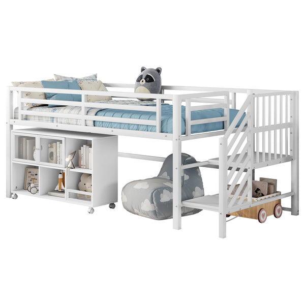 English Elm Twin Metal Loft Bed with Stairs and Six Storage Cubbies, Sturdy Metal Slat Support, Safe Low Design for Kids White 75.2 L x 17.72 W x 9.45 H W2593P305721