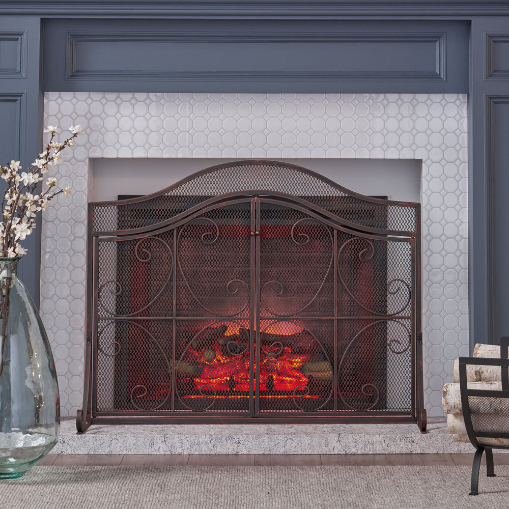 English Elm Christopher Knight Home® - FIRE Screen Gary 3-Panel Iron Fireplace Screen with Doors, Black Copper Finish, Camelback Scrollwork Protective Accent 65187.00BLKCOP