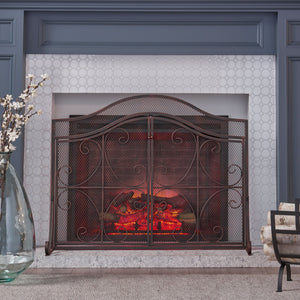 English Elm Christopher Knight Home® - FIRE Screen Gary 3-Panel Iron Fireplace Screen with Doors, Black Copper Finish, Camelback Scrollwork Protective Accent 65187.00BLKCOP