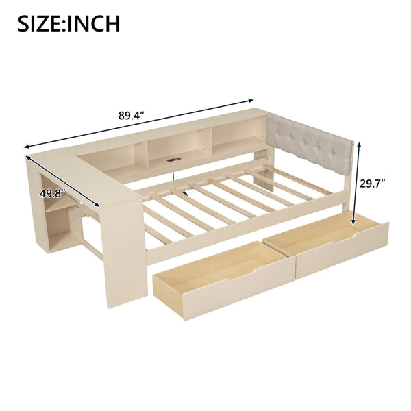 English Elm Wood Twin Size Platform Bed With Usb Charging, Storage Drawers, Upholstered Headboard In Cream GX002107AAC-1-GIGA