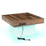 English Elm 31.4'' X 31.4'' Farmhouse Coffee Table With 2 Usb Ports and Outlets, Brown Spliced Wood Grain Center Table With Led Light, Rustic Cocktail Table With Charging Station For Living Room, White