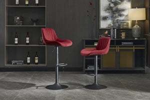 English Elm Chrome Velvet Swivel Bar Stool Set of 2 — Height Adjustable, 360° Rotating Footrest, Red Upholstery W1249P253969